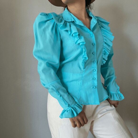 vtg 70s western button blouse large ruffle collared puff sleeves victorian small - Picture 4 of 10